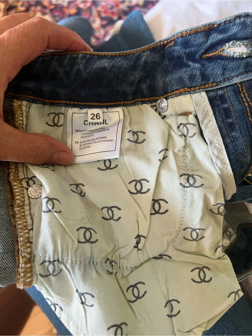 CHANEL Women's Blue Skinny Jeans with Gold-Tone Studs